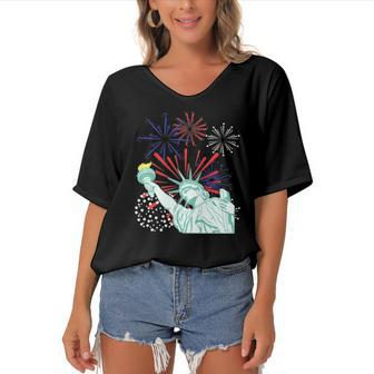 July 4Th S Fireworks Statue Of Liberty Women's Bat Sleeves V-Neck Blouse | Mazezy
