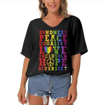 Kindness Equality Love Lgbtq Rainbow Flag Gay Pride Month Women's Bat Sleeves V-Neck Blouse | Mazezy