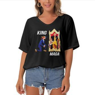 King Maga Biden Clown Kneel Trump King Women's Bat Sleeves V-Neck Blouse | Mazezy