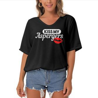 Kiss My Aspergers Autism Awareness Month Women's Bat Sleeves V-Neck Blouse | Mazezy