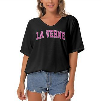 La Verne California Ca Vintage Sports Design Pink Design Women's Bat Sleeves V-Neck Blouse | Mazezy