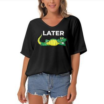 Later Gator With Cute Smiling Alligator Saying Goodbye Women's Bat Sleeves V-Neck Blouse | Mazezy