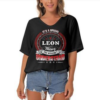 Leon Shirt Family Crest Leon T Shirt Leon Clothing Leon Tshirt Leon Tshirt Gifts For The Leon Women's Bat Sleeves V-Neck Blouse - Seseable