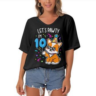 Lets Pawty Im 10Th Birthday Corgi 10 Years Old Birthday Women's Bat Sleeves V-Neck Blouse - Monsterry DE