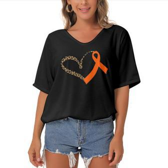 Leukemia Awareness Cancer Leopard Print Heart Orange Ribbon Women's Bat Sleeves V-Neck Blouse | Mazezy
