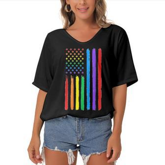 Lgbtq American Flag Pride Rainbow Gay Lesbian Bi Transgender Women's Bat Sleeves V-Neck Blouse | Mazezy