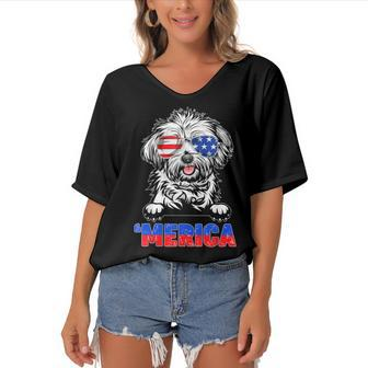 Lhasa Apso Dog With Merica Sunglasses 4Th Of July Funny Women's Bat Sleeves V-Neck Blouse - Seseable