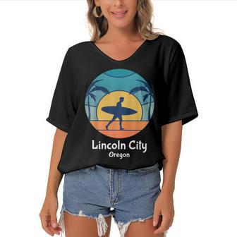 Lincoln City Oregon Surfing Surfer Vintage Sunset Surf Beach Women's Bat Sleeves V-Neck Blouse - Seseable