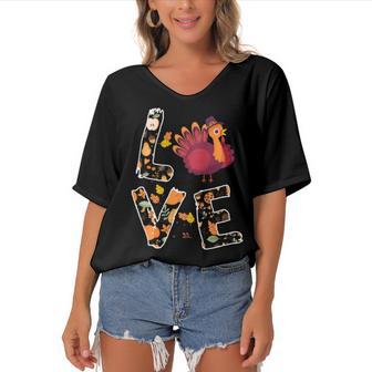 Love Turkey Thanksgiving Happy Fall 20 Shirt Women's Bat Sleeves V-Neck Blouse | Favorety UK