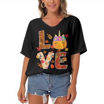 Love Unicorn Turkey Thanksgiving Happy 15 Shirt Women's Bat Sleeves V-Neck Blouse | Favorety