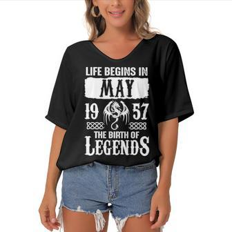 May 1957 Birthday Life Begins In May 1957 Women's Bat Sleeves V-Neck Blouse - Seseable