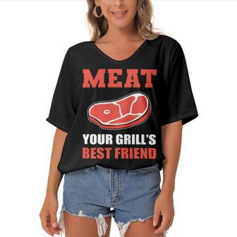 Meat Your Grill’S Best Friend Butcher Chef Cook Bbq Women's Bat Sleeves V-Neck Blouse | Favorety UK