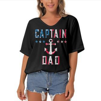 Mens Patriotic Captain Dad American Flag Boat Owner 4Th Of July Women's Bat Sleeves V-Neck Blouse - Seseable