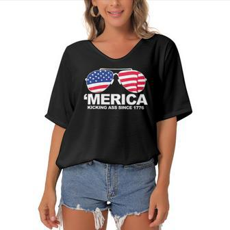 Merica Kicking Ass Since 1776 Funny Patriotic Usa July 4Th Women's Bat Sleeves V-Neck Blouse | Mazezy