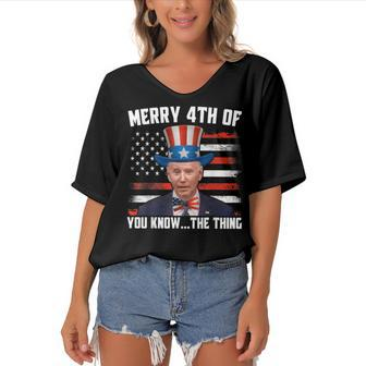Merry Happy 4Th Of You Know The Thing Funny Biden Confused Women's Bat Sleeves V-Neck Blouse - Seseable