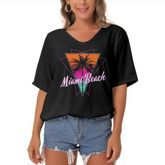 Miami Beach Florida Retro Vintage Surfer Gift Women's Bat Sleeves V-Neck Blouse | Mazezy