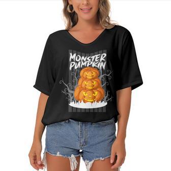 Monster Pumpkin Women's Bat Sleeves V-Neck Blouse | Favorety