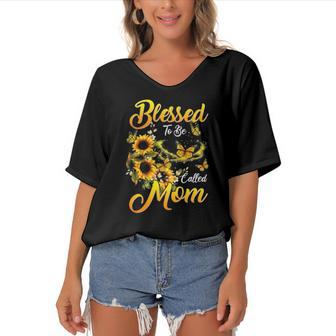 Mothers Day Blessed To Be Called Mom Sunflower Lovers Women's Bat Sleeves V-Neck Blouse | Mazezy