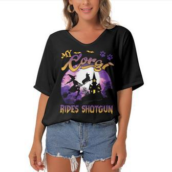 My Corgi Rides Shotgun Cool Halloween Protector Witch Dog V4 Women's Bat Sleeves V-Neck Blouse - Monsterry AU