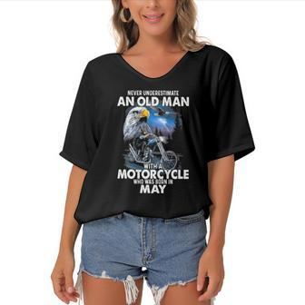 Never Underestimate An Old Man With A Motorcycle Born In May Women's Bat Sleeves V-Neck Blouse | Mazezy