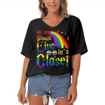 No One Should Live In A Closet Lgbt-Q Gay Pride Proud Ally Women's Bat Sleeves V-Neck Blouse | Mazezy