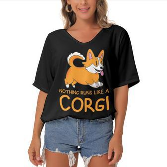 Nothing Runs Like A Corgi Funny Animal Pet Dog Lover V2 Women's Bat Sleeves V-Neck Blouse - Monsterry CA