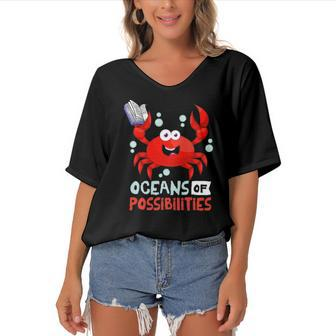 Oceans Of Possibilities Summer Reading 2022Crab Women's Bat Sleeves V-Neck Blouse | Mazezy