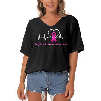 Pagets Disease Awareness Heartbeat Pink Ribbon Pagets Disease Pagets Disease Awareness Women's Bat Sleeves V-Neck Blouse - Monsterry CA