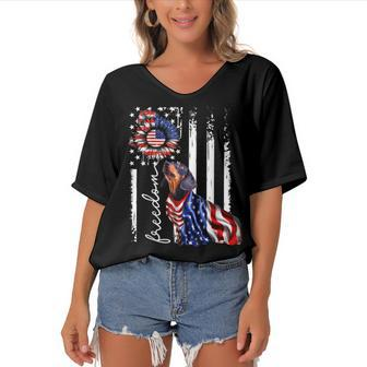 Patriotic 4Th Of July Weiner Dachshund Dog Freedom Women's Bat Sleeves V-Neck Blouse - Seseable