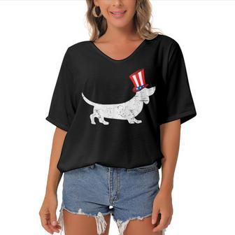 Patriotic American Dachshund 4Th Of July Uncle Sam Women's Bat Sleeves V-Neck Blouse - Seseable