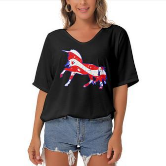 Patriotic Unicorn Funny Memorial Day And 4Th Of July Women's Bat Sleeves V-Neck Blouse | Mazezy