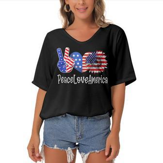 Peace Love America 4Th July Patriotic Sunflower Heart Sign V4 Women's Bat Sleeves V-Neck Blouse - Seseable