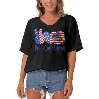 Peace Love America 4Th July Patriotic Sunflower Heart Sign V6 Women's Bat Sleeves V-Neck Blouse - Seseable