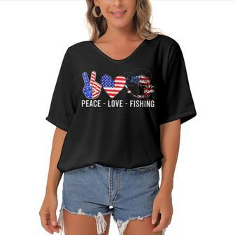 Peace Love Fishing America 4Th July Patriotic Heart Sign Women's Bat Sleeves V-Neck Blouse - Seseable