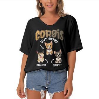 Pembroke Welsh Corgi Untoasted Toasted Burnt Dog Lovers V3 Women's Bat Sleeves V-Neck Blouse - Monsterry AU