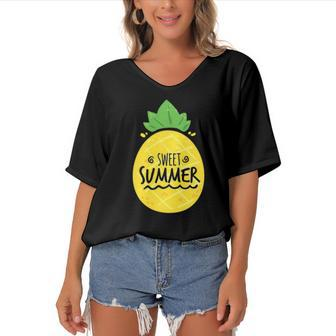 Pineapple Summer Funny Sweet Summer Hello Break Vacation Women's Bat Sleeves V-Neck Blouse | Mazezy