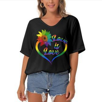 Rainbow Sunflower Love Is Love Lgbt Gay Lesbian Pride V2 Women's Bat Sleeves V-Neck Blouse | Mazezy AU