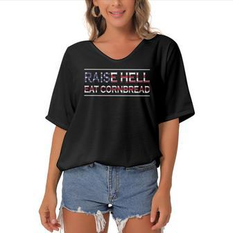 Raise Hell Eat Cornbread Redneck Southern July 4 Country Women's Bat Sleeves V-Neck Blouse | Mazezy
