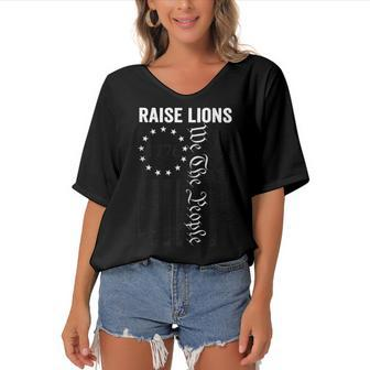 Raise Lions - Usa Patriotic Parenting Pro Guns Ar15 Gun Flag Women's Bat Sleeves V-Neck Blouse - Seseable