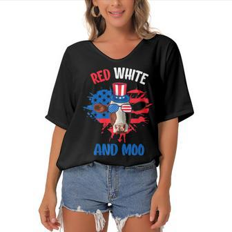 Red White And Moo Patriotic Cow Farmer 4Th Of July Women's Bat Sleeves V-Neck Blouse | Mazezy