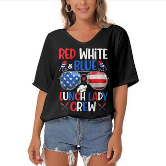 Red White Blue Lunch Lady Crew Sunglasses 4Th Of July Gifts Women's Bat Sleeves V-Neck Blouse | Mazezy AU