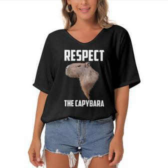 Respect The Capybara Funny Capybara Rodent Animal Humor Women's Bat Sleeves V-Neck Blouse | Mazezy