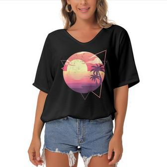 Retro 80S Vaporwave Aesthetic Tropical Sunset 90S Vaporwave Women's Bat Sleeves V-Neck Blouse | Mazezy