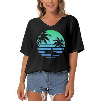 Retro Water Sport Surfboard Palm Tree Sea Tropical Surfing Women's Bat Sleeves V-Neck Blouse | Mazezy