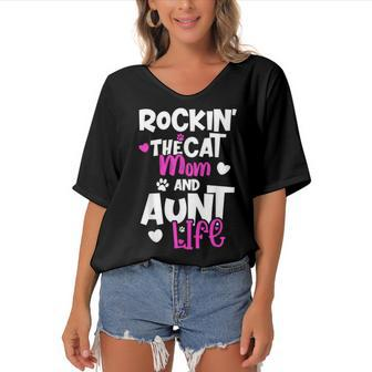 Rockin The Cat Mom And Aunt Life Women's Bat Sleeves V-Neck Blouse - Seseable