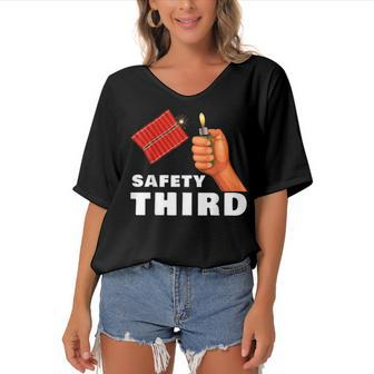 Safety Third 4Th Of July Patriotic Funny Fireworks Women's Bat Sleeves V-Neck Blouse - Seseable
