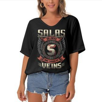 Salas Blood Run Through My Veins Name V6 Women's Bat Sleeves V-Neck Blouse - Seseable