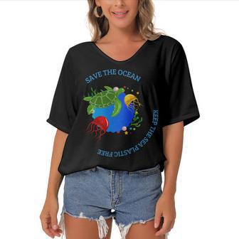 Save The Ocean Keep The Sea Plastic Free Women's Bat Sleeves V-Neck Blouse | Favorety AU