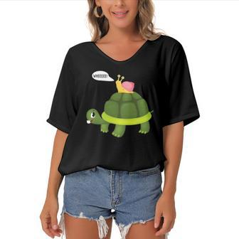 Snail Riding Turtle Funny Gift Women's Bat Sleeves V-Neck Blouse | Mazezy