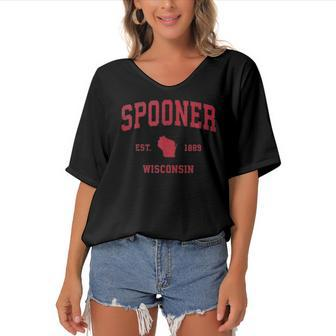 Spooner Wisconsin Wi Vintage Sports Design Red Print Women's Bat Sleeves V-Neck Blouse | Mazezy